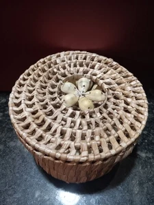 Vintage Boho Woven Seagrass Coaster Set Of 6 W/Seashell Woven Basket W/lid - Picture 1 of 7