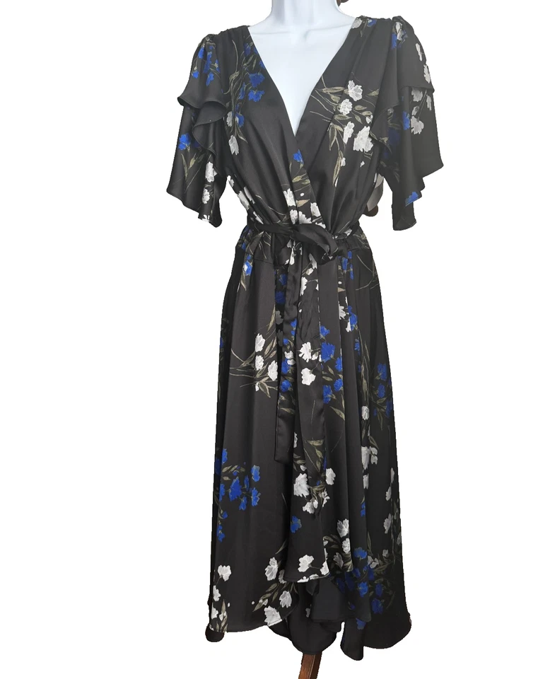 NWT Sz 14 DKNY Black Floral Faux Wrap Dress. Layered Flutter Sleeves. Belted - Image 1 of 3