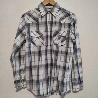Coastal White Grey Blue Plaid Men's Small Long Sleeve Western Snap Shirt - Image 1 of 4