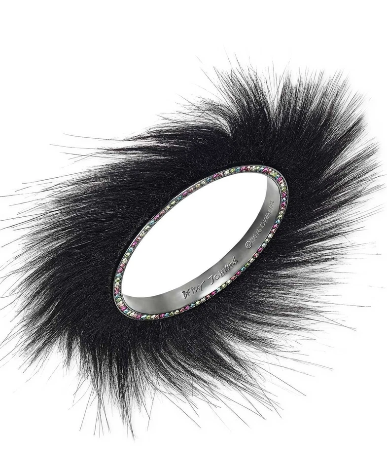Betsey Johnson Trolls Metal Bangle Bracelet Black Faux Fur and Rhinestones T16