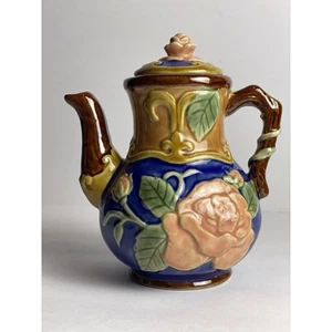 CBK China Majolika Teekanne braun/blau mit rosa Rose und grünen Ranken Design. - Bild 1 von 9