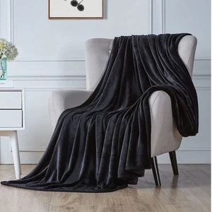 Fleece Blanket Plush Throw Fuzzy Lightweight (Throw Size 50x60 Black) Super S... - Picture 1 of 9