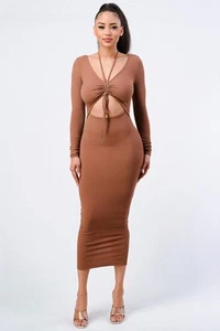 Trendy Front Shirring Cut-out Long Sleeved Dress - Picture 1 of 7