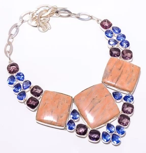 Collar antiguo hecho a mano de piedras preciosas de aventurina roja natural y amatista 16-18" T - Imagen 1 de 5