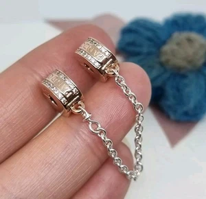 NEW Genuine PANDORA Two-tone Insignia Logo Safety Chain Clip Charm 5cm π ALE R - Picture 1 of 9