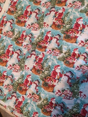 Tela de Navidad Susan Winget Papá Noel y muñeco de nieve azul 1 yarda  Foto 1 de 2