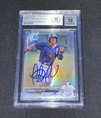 Fernando Tatis Jr. Tarjeta de béisbol firmada 2017 Bowman Refractor Beckett Auto 10 Foto 1 de 2