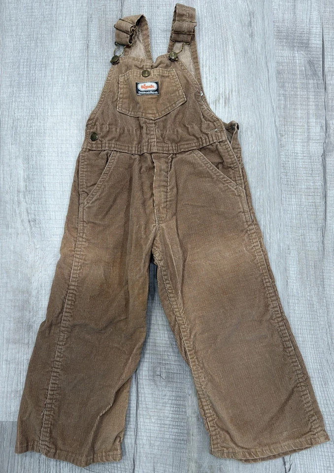 Macacão infantil vintage OshKosh Bgosh etiqueta laranja década de 1970 veludo bege/castanho - Imagem 1 de 4