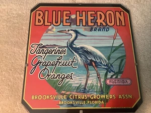 Original Vintage Blue Heron Citrus Crate Label Glass Framed Brooksville,FL - Picture 1 of 2
