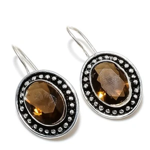 Brown Smoky Topaz Gemstone 925 Sterling Silver Jewelry Stud Earring Size 1.20" - Picture 1 of 1