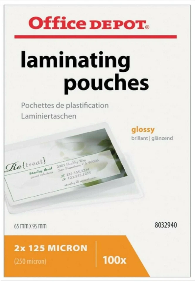 Office Depot Laminating Pouches Glossy 2 x 125 (250 Micron) 95x65mm PACK OF 100