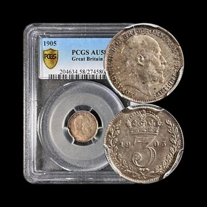 GREAT BRITAIN. 1905, 3 Pence, Silver - PCGS AU58 - Edward VII, Crown and Oak - Picture 1 of 5