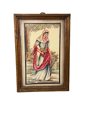 Pintura al óleo persa enmarcada de colección sobre cuero mujer con flores firmada 10x6,5 Foto 1 de 4