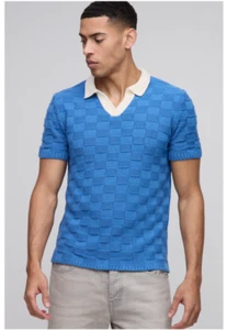 Boohooman Regular Fit V Neck Check Knitted Polo - Picture 1 of 3