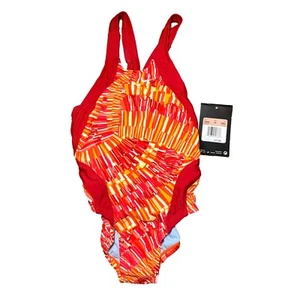 NWT Nike Size 20 Girls 5 One Piece Swimsuit Geometric Pattern Red Orange Yellow - Picture 1 of 2