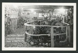 Land O' Lakes WI: ca. 1940er RPPC Foto Postkarte NATURMUSEUM BARFUSS CHARLIE'S - Bild 1 von 2