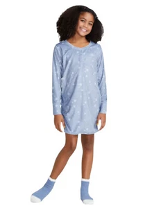 Justice Girls Fleece Nightgown Pajamas Blue Winter Snowflakes Henley Size 5/6 - Picture 1 of 12