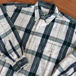 Vintage LL Bean Rangeley Flannel Shirt Men L Cream Blue Green Plaid Pocket USA - Picture 1 of 6