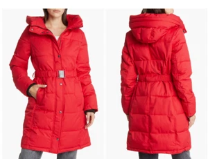 Chaqueta Parka Sam Edelman Mujer Larga Puffer Roja Mediana Cinturón Capucha - Imagen 1 de 17