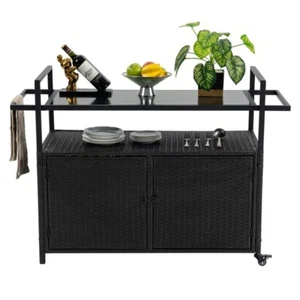 Outdoor Wicker Bar Cart Patio Wine Serving Cart w/Wheels Rattan Counter Table - Picture 1 of 17