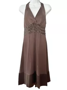 BCBG Maxazria Silk Chiffon Halter Dress SIZE 4 Brown Sheer Overlay Backless - Picture 1 of 12