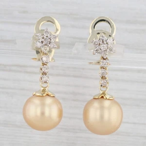 0.38ctw Diamond Cultured Golden Pearl Dangle Earrings 14k Yellow Gold - Picture 1 of 6