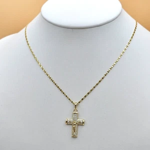 14K Gold Plated Crucifix Cross Pendant Necklace Chain Set Oro laminado - Picture 1 of 8