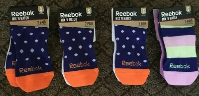 NOVO Lote de 8 Meias 4 Pacotes Reebok Youth Mix 'n Match Meias de Tornozelo Juvenil tamanho P 10-4 - Imagem 1 de 4