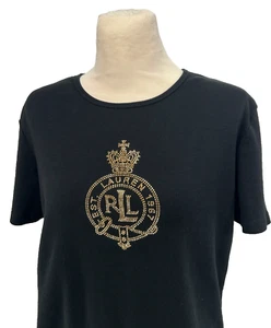 Vintage Ralph Lauren LRL Top Black Gold Embellished Crest Preppy Shirt Womens L - Picture 1 of 7