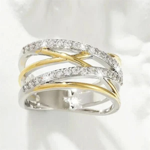 Elegant Two Tone Silver Plated Cubic Zirconia Rings Wedding Jewelry Size 6-10 - Picture 1 of 6