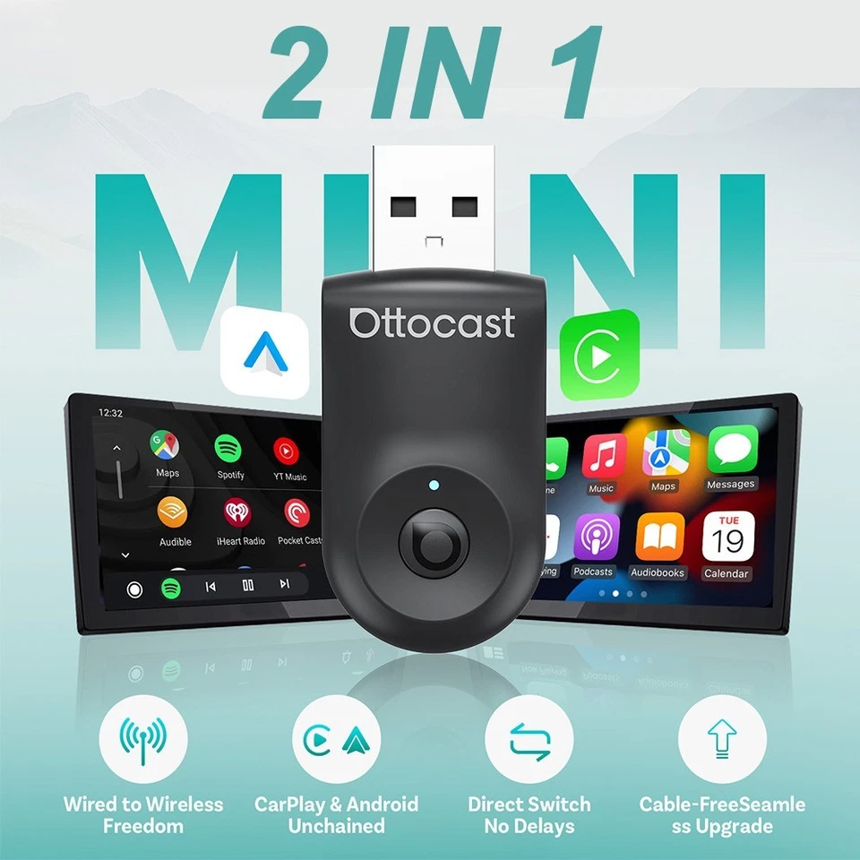 Ottocast Mini 5G 2-IN-1 Wireless CarPlay & Android Auto Adapter w/ Smart Button