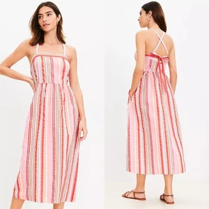 NWT LOFT Pink Striped Strappy Cross Tie Back Midi Maxi Dress Size 10 - Picture 1 of 6