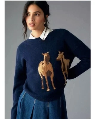 Suéter Anthropologie Cachemira Intarsia Caballo Maeve Azul Marino S Intarsia Foto 1 de 4
