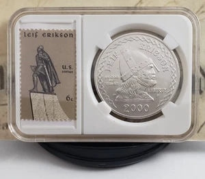2000-P - Leif Ericson Commemorative - Silver Dollar with Stamp - Very Nice! W5 - Picture 1 of 15