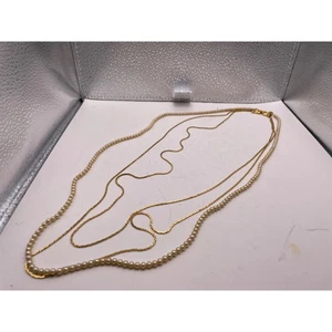 Vintage Crown Trifari© Gold Tone & Faux Pearl Triple Strand Necklace 27" - Picture 1 of 18