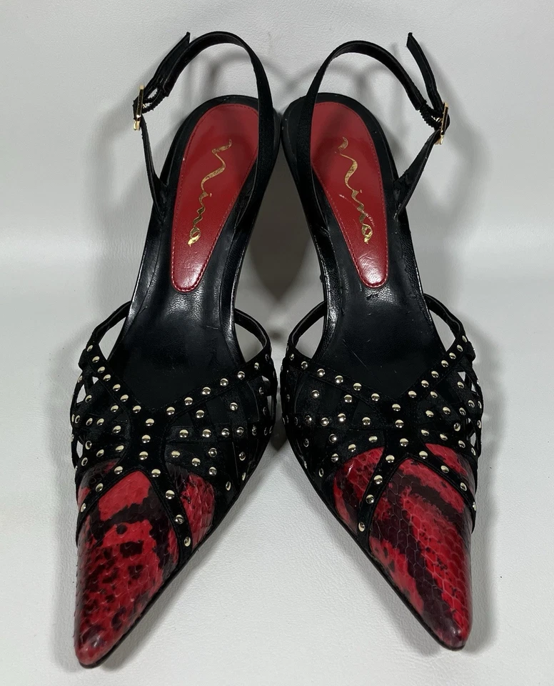 NINA Rojo Negro Punta Punta Punta Eslinga Dorado Tachuelas Estampado Piel de Serpiente Suela de Cuero 7 M Foto 1 de 4