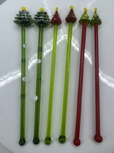 Set of 6 Glass Christmas Tree Drink Stirrers | Holiday Barware Pier 1 Style - Picture 1 of 8