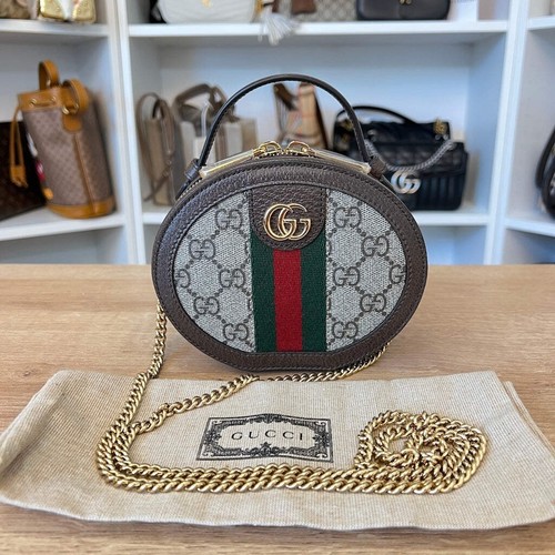 Borsa Gucci Ophidia rotonda con manico superiore GG rivestita in tela mini
