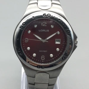 Lorus Watch Men 38mm Silver Tone Date Red Dial LR0733 New Battery 7.75" - Picture 1 of 14