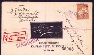 AUSTRALIEN 1925 6d KANGAROO George St West CDS REGISTRIERT Kansas City MO USA - Bild 1 von 3