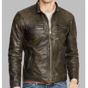 Biker Motorcycle Polo Cafe Racer Distressed Dark Brown Leather Jacket For Men's - Picture 1 of 6