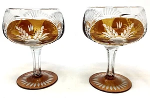 2 Hand Cut Crystal Orange Champagne Wine Sherry Goblets Glasses Bohemian Germany - Picture 1 of 19