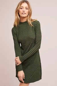 $148 Anthropologie Structured Knitwork Dress NWT Large moss green Striped - Picture 1 of 5