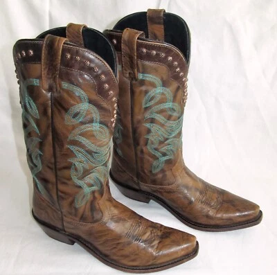 Botas de Vaquero Gitanas Rosa Marrón Cuero Turquesa Tachonado Para Mujer Talla 8.5 Foto 1 de 4