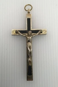 LARGE 4" METAL CRUCIFIX WITH INSET WOOD, ITALIAN - Picture 1 of 3
