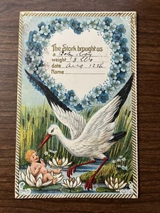 Newborn Baby Boy Infant w/ Stork Postcard ~ Blue Flowers ~ Posted 1911, Embossed - Picture 1 of 2