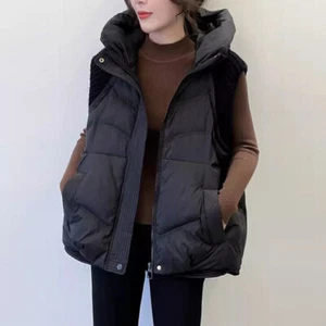 Womens Oversize Loose Hoodie Knitted Sleeveless Puffer Vest Winter Waistcoat - Picture 1 of 23