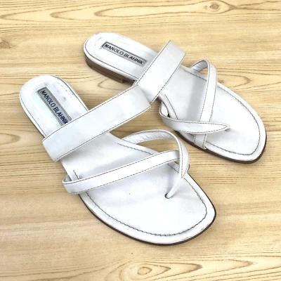 Sandalias planas de cuero blanco Manolo Blahnik "Susa" 6,5/36,5 para mujer sin cordones Foto 1 de 4