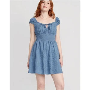 Old Navy Dress Women 3X Blue Eyelet Waist-Defined Smocked Mini Boho cottagecore - Picture 1 of 9