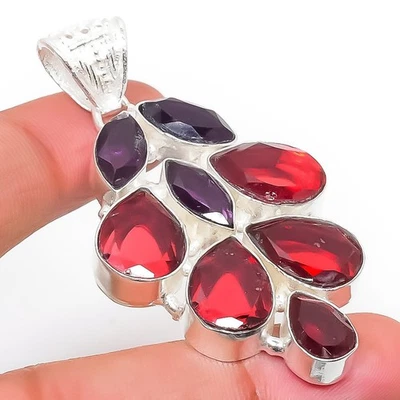 Mozambique Granate, Gema Amatista 925 Plata de Ley Joyería Colgante 6cm - Imagen 1 de 4